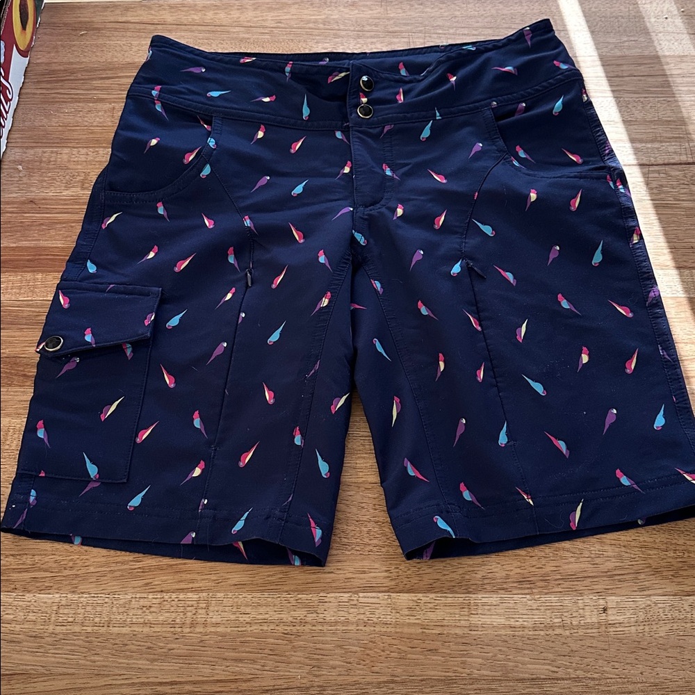 Shredly MTB Shorts with “Cargo” Pocket, Snap Waist, 4, Navy/Parrot Print